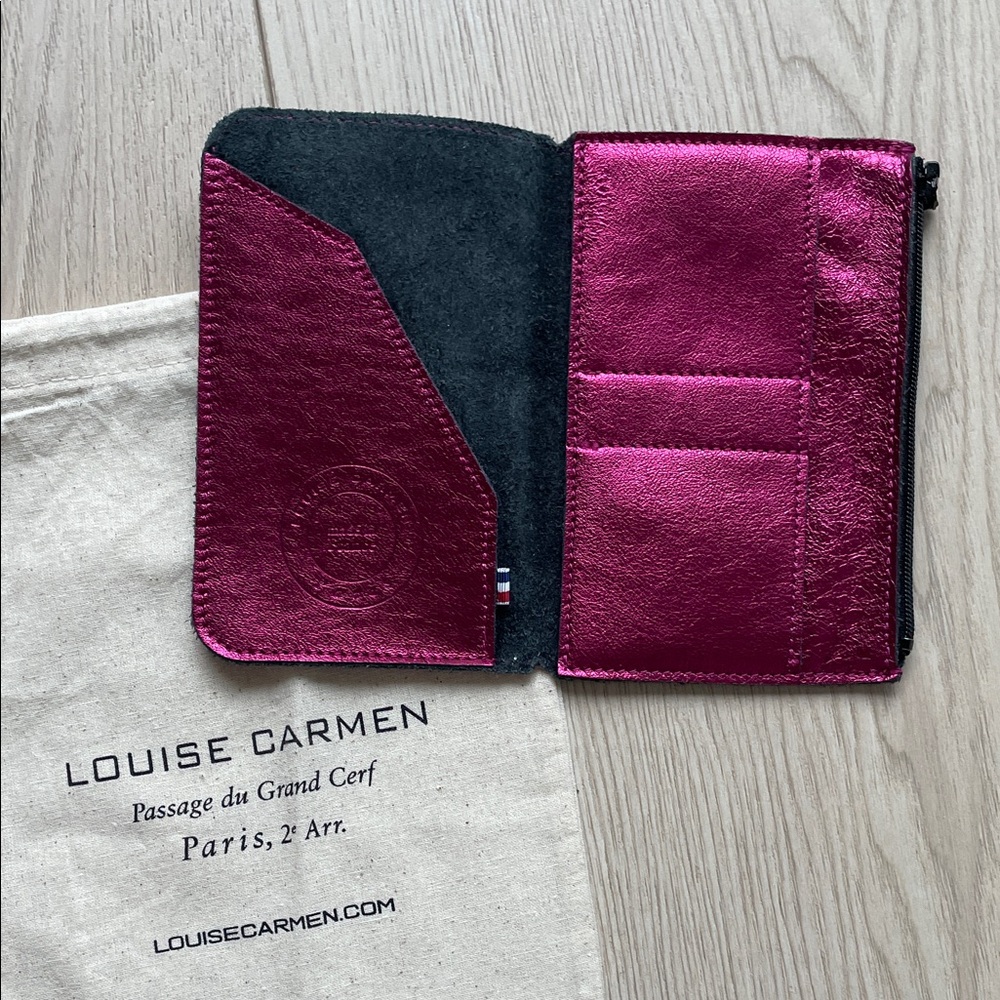 New Louise Carmen Metallic Pink Albert folio portfolio zipper Wallet card insert